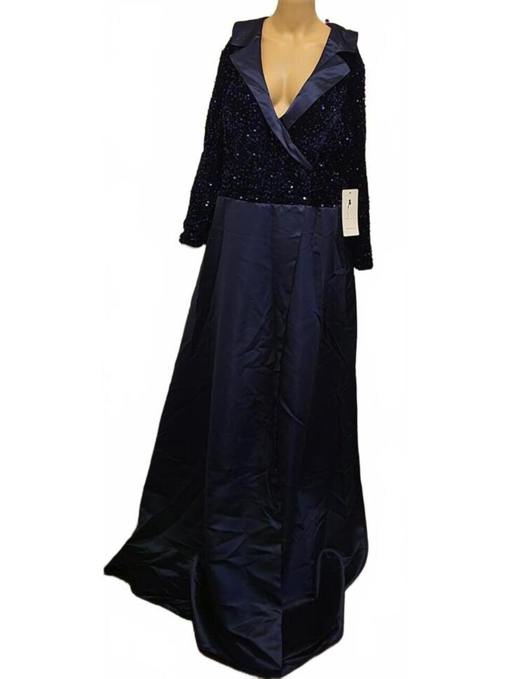 Women's Elegant Navy Blue Sequin Evening Prom wedding Party Gown Plus Slit Dress - Picture 8 of 9